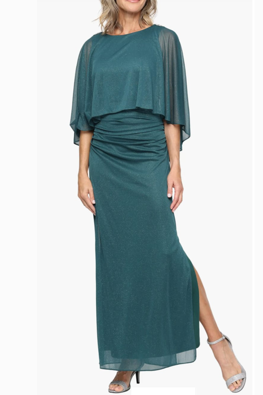 SLNY Pine Green Shimmer Capelet Ruched Evening Gown
