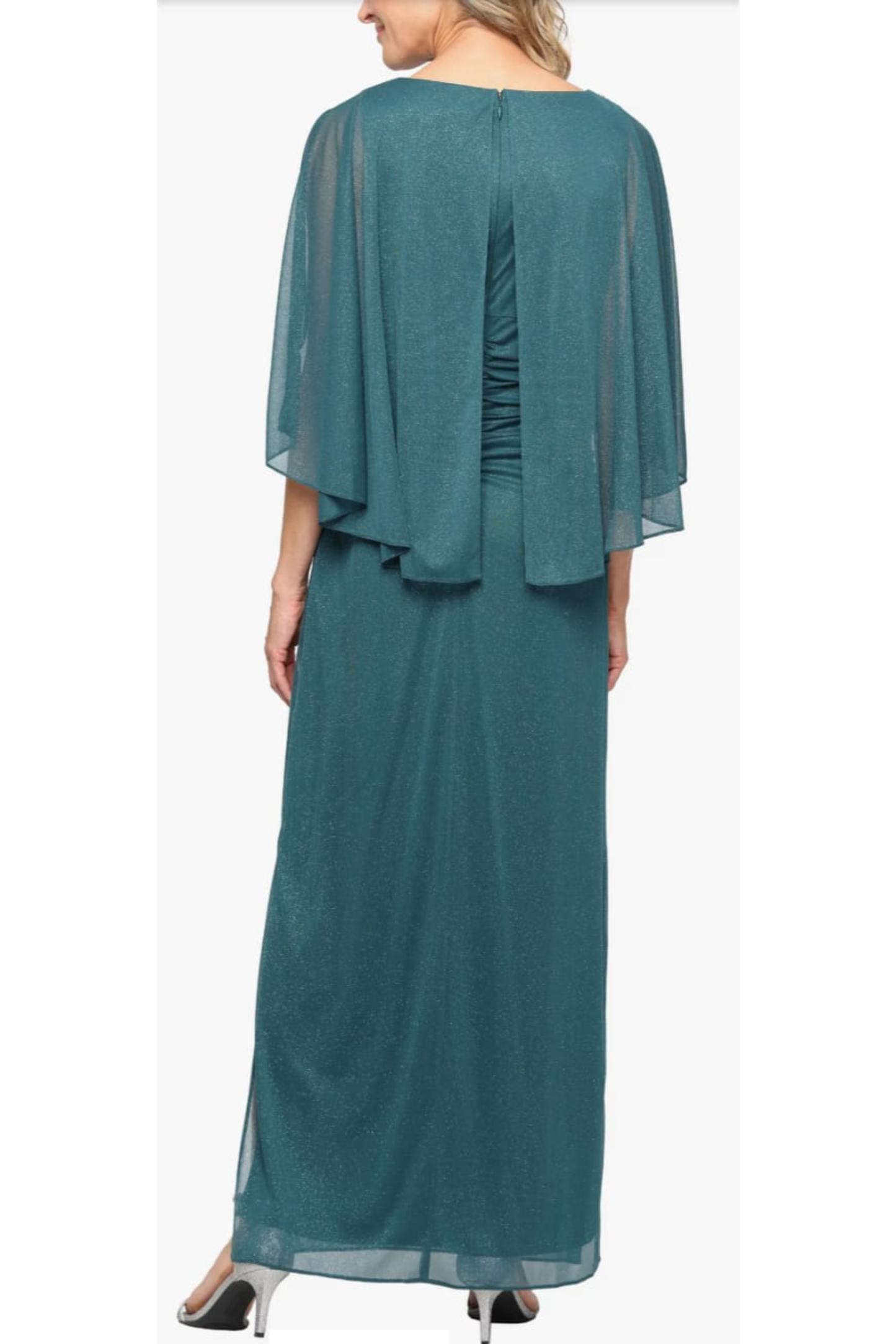 SLNY Pine Green Shimmer Capelet Ruched Evening Gown