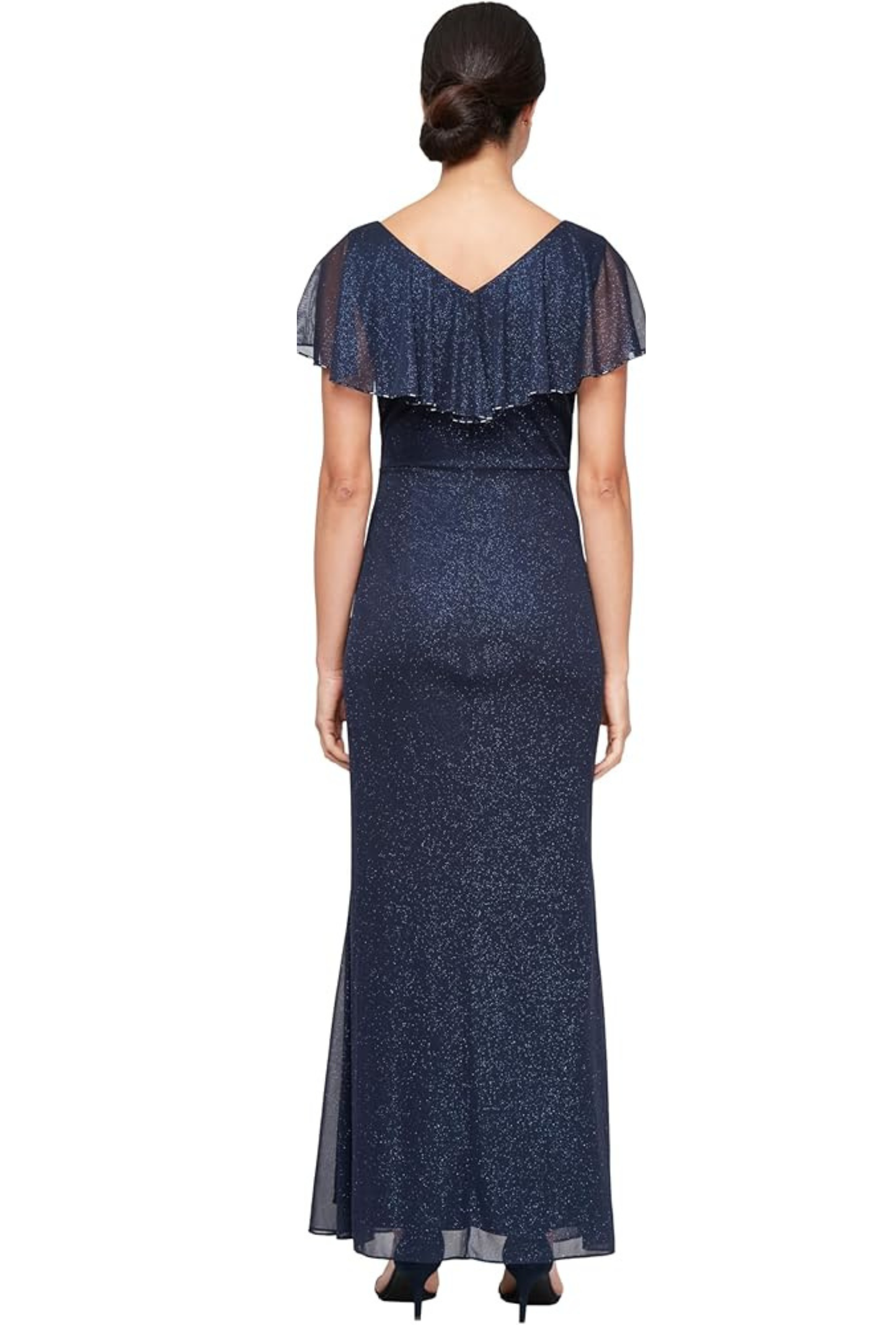 SLNY Glitter Lace Ruffle Flutter-Sleeve Evening Gown