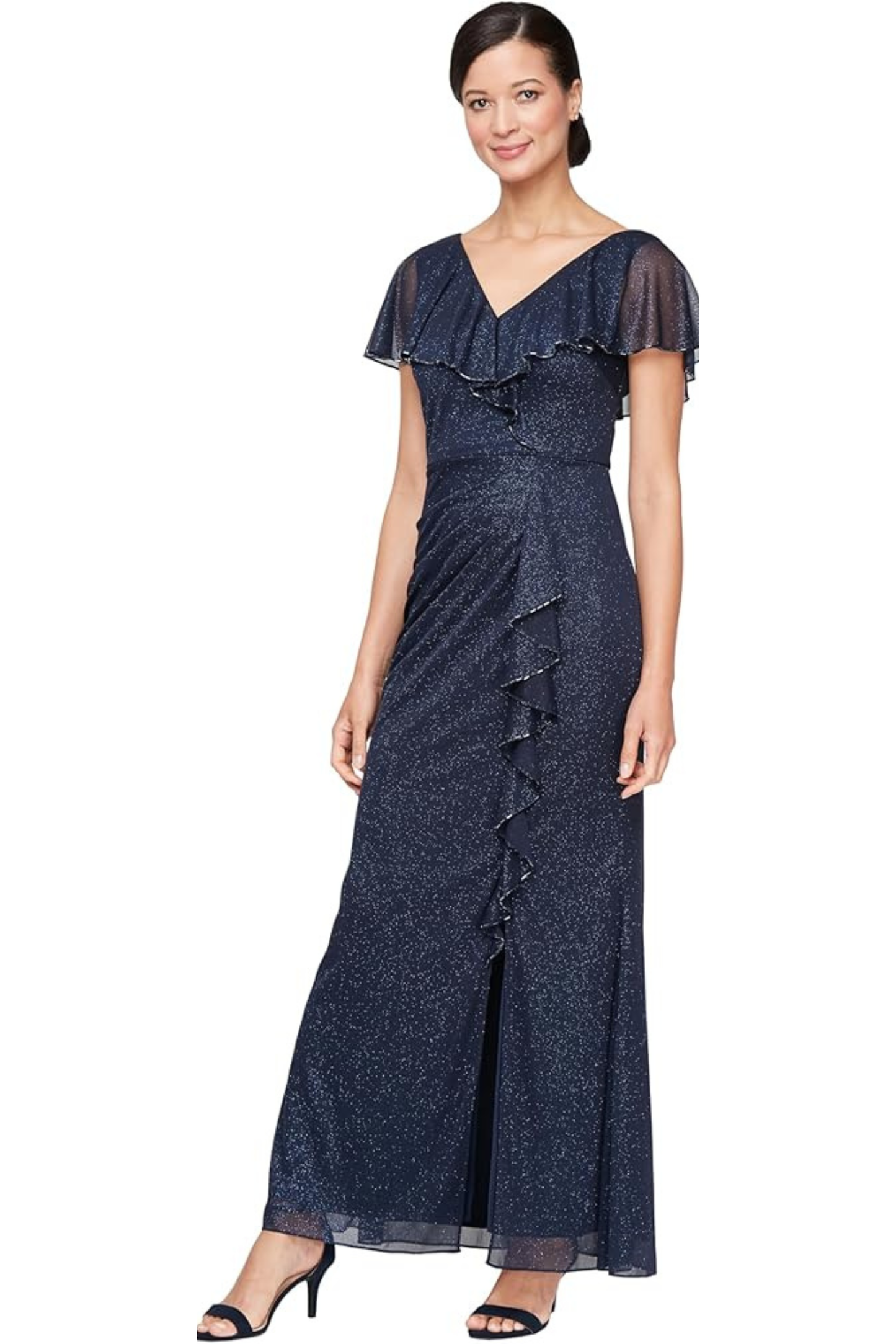 SLNY Glitter Lace Ruffle Flutter-Sleeve Evening Gown