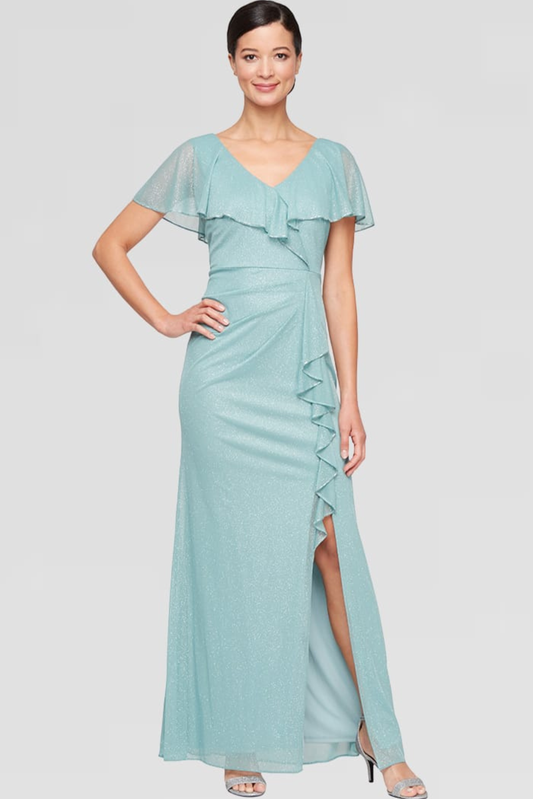 SLNY Glitter Lace Ruffle Flutter-Sleeve Evening Gown