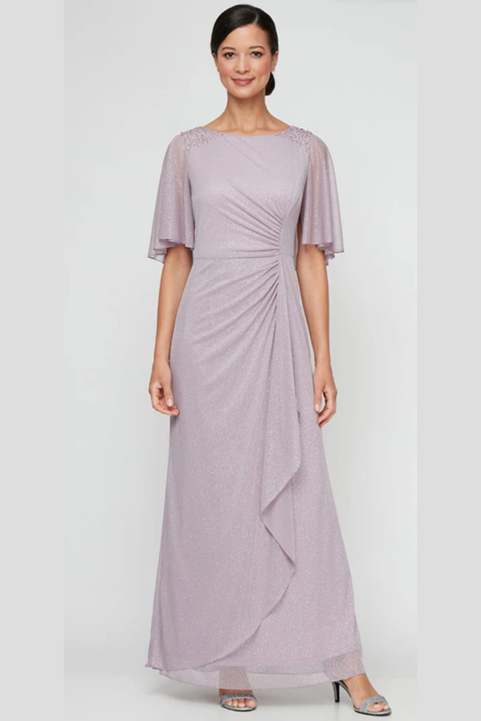 SLNY Mauve Shimmer Beaded Shoulder Flutter-Sleeve Evening Gown