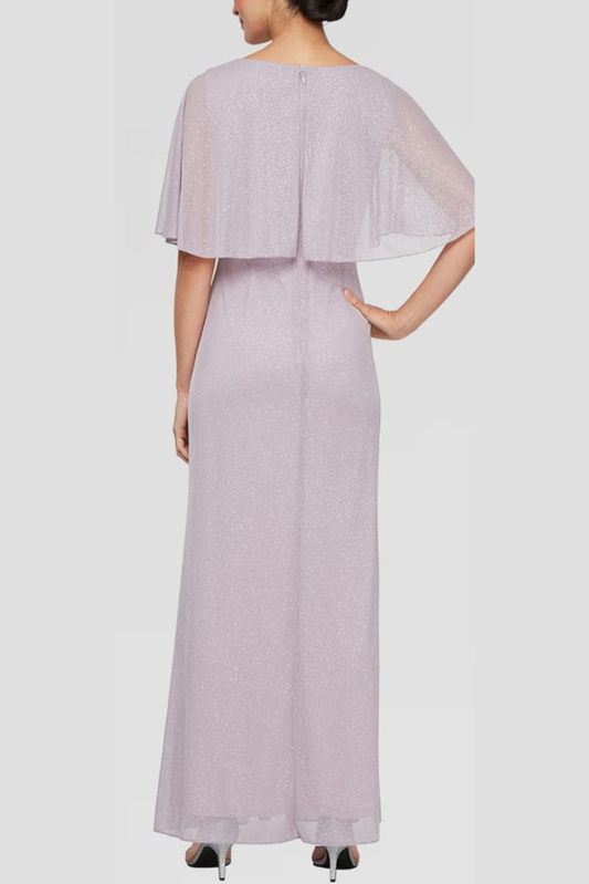 SLNY Mauve Shimmer Beaded Shoulder Flutter-Sleeve Evening Gown