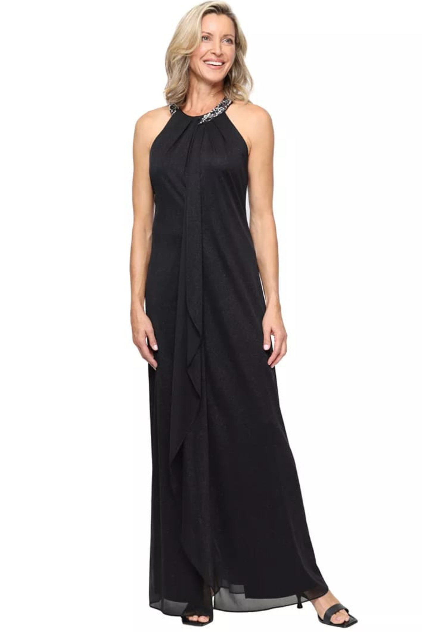 SLNY Black Beaded Neckline Front-Cascade Evening Dress