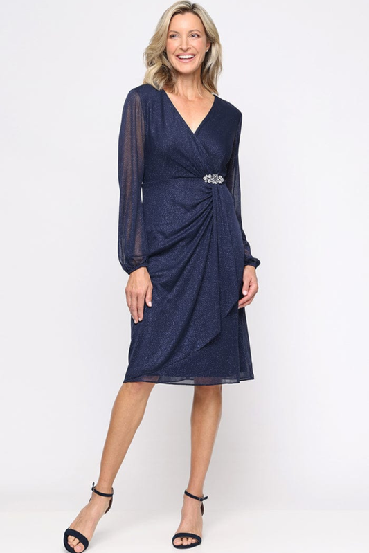 SLNY Navy Metallic Shimmer Long-Sleeve Faux-Wrap Party Dress