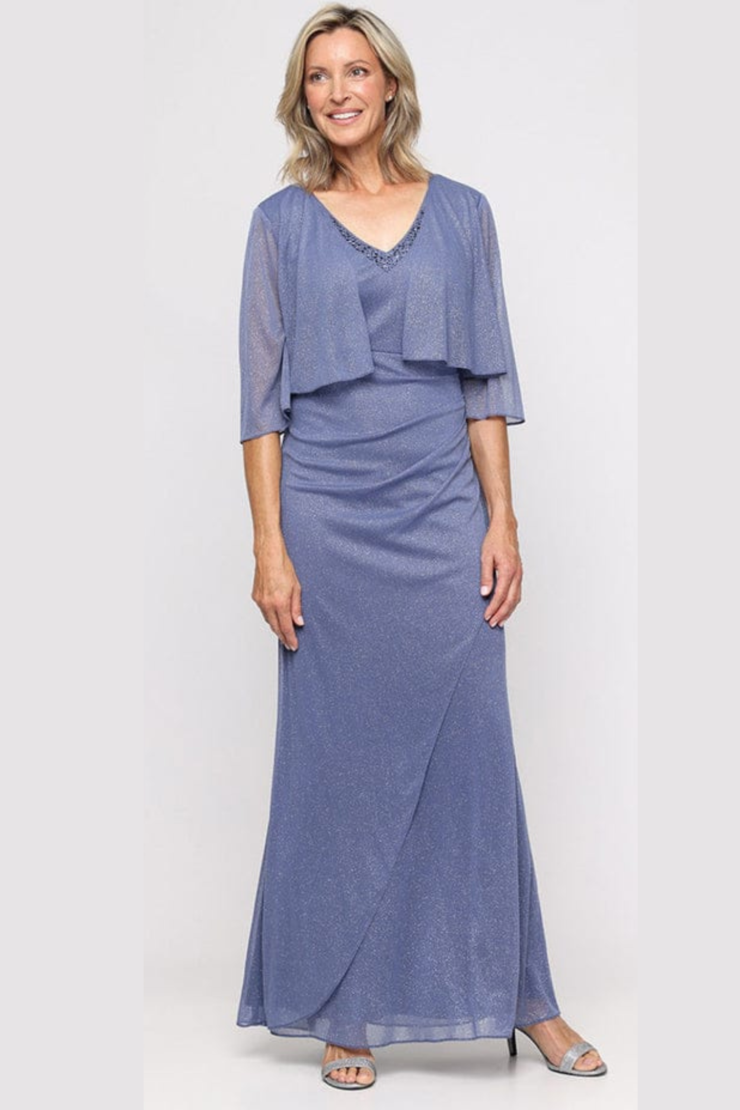 SLNY Dusty Blue Shimmer Beaded Neckline Capelet Evening Dress