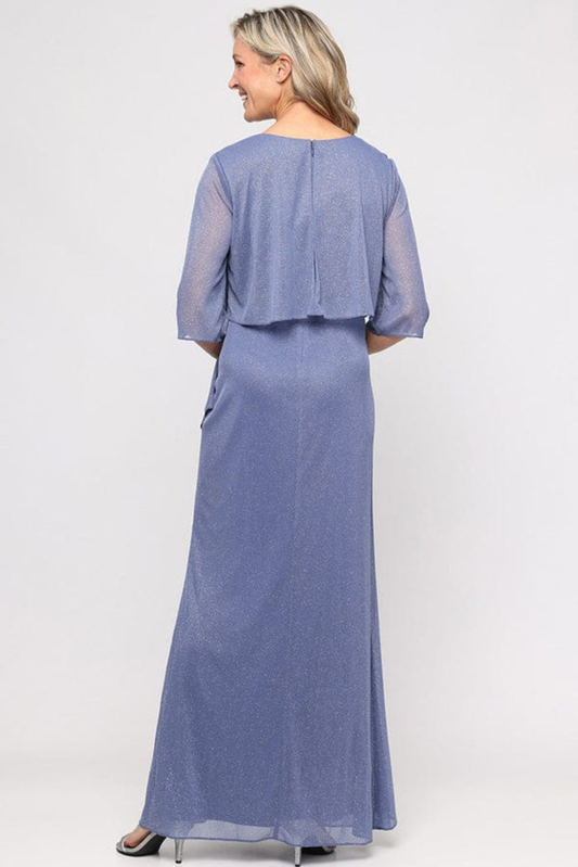 SLNY Dusty Blue Shimmer Beaded Neckline Capelet Evening Dress