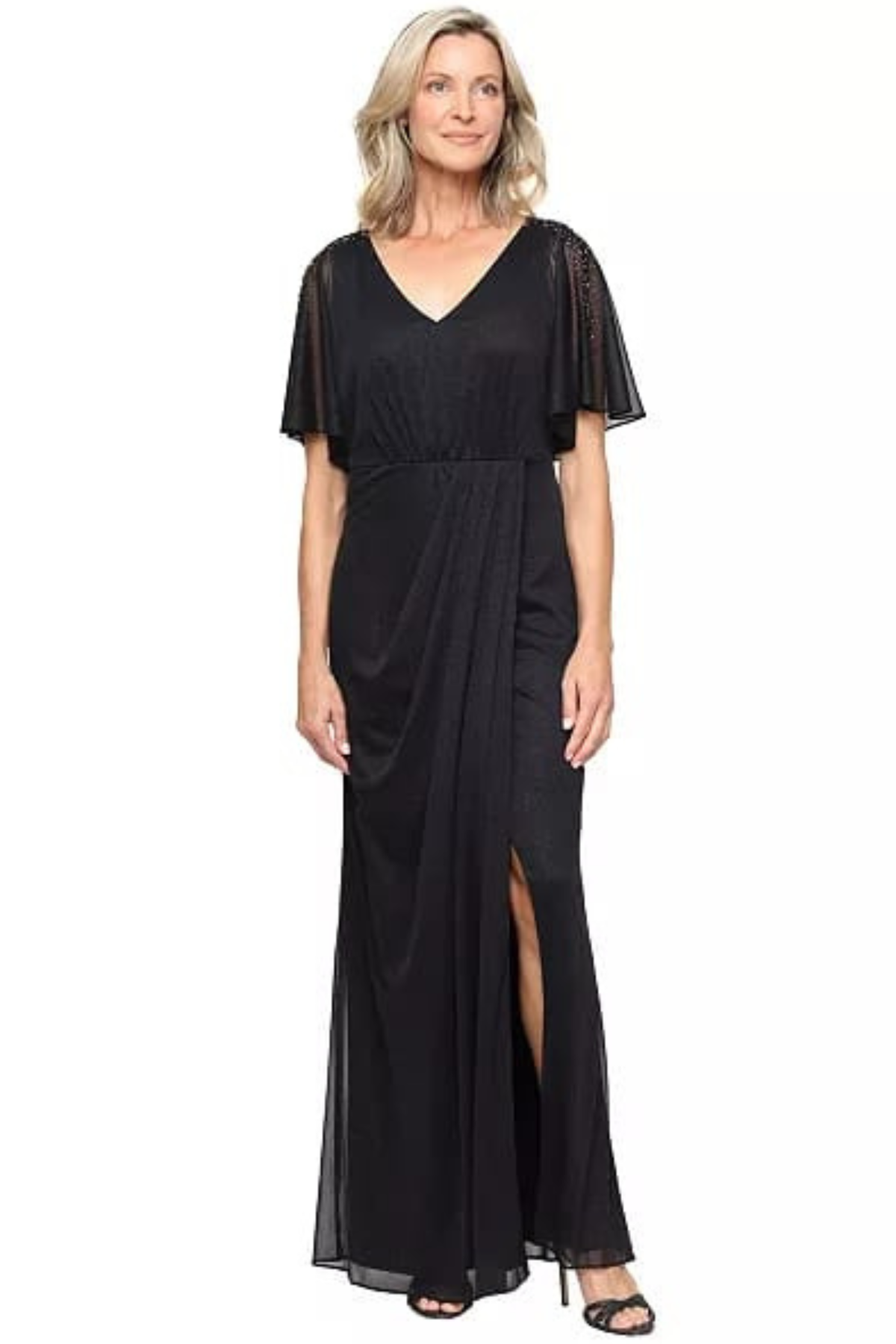 SLNY Black Shimmer Beaded Shoulder Flutter-Sleeve Evening Dress