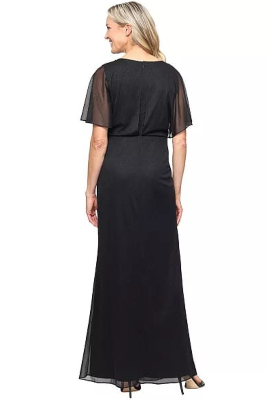 SLNY Black Shimmer Beaded Shoulder Flutter-Sleeve Evening Dress