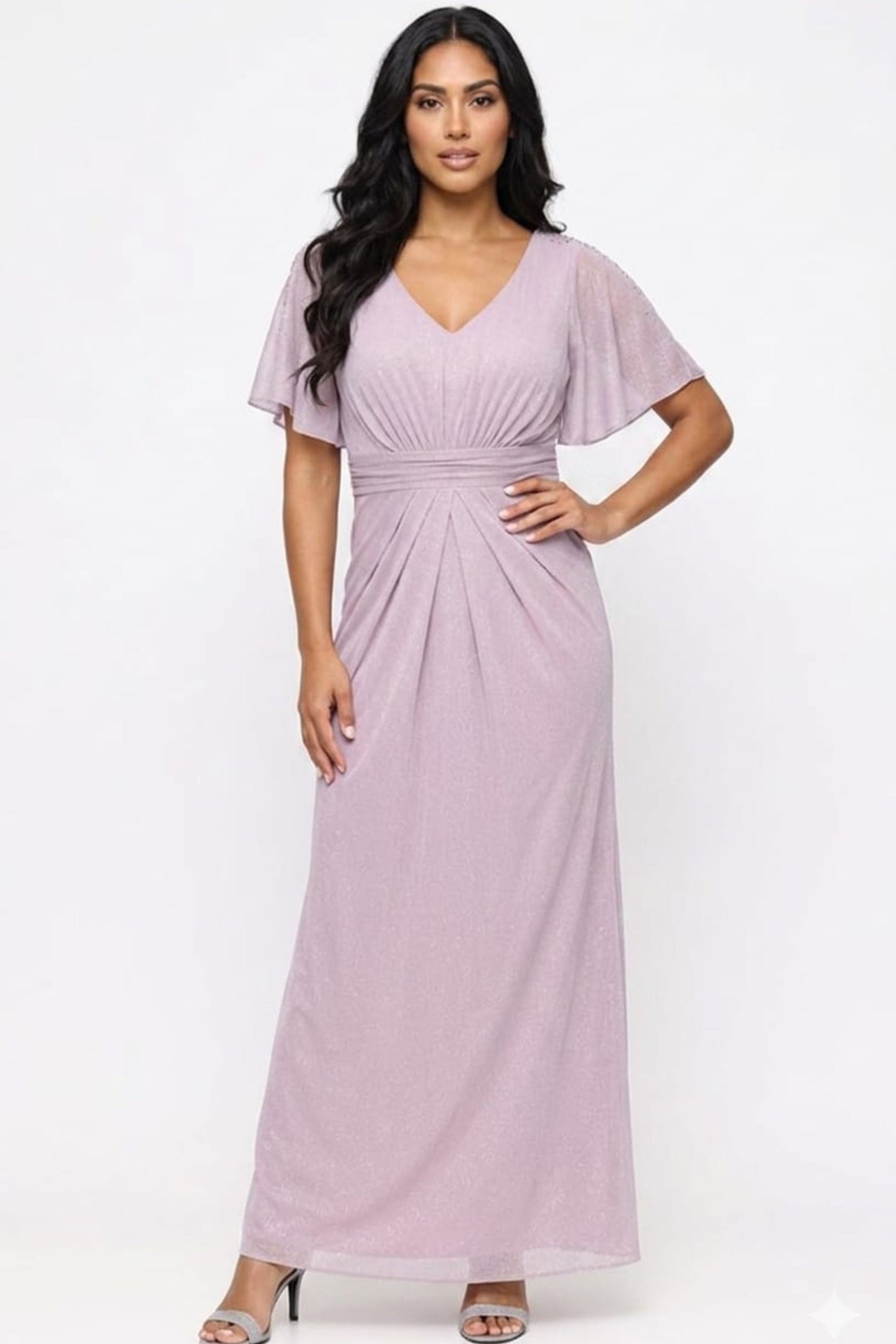 SLNY Mauve Metallic Flutter-Sleeve Gown