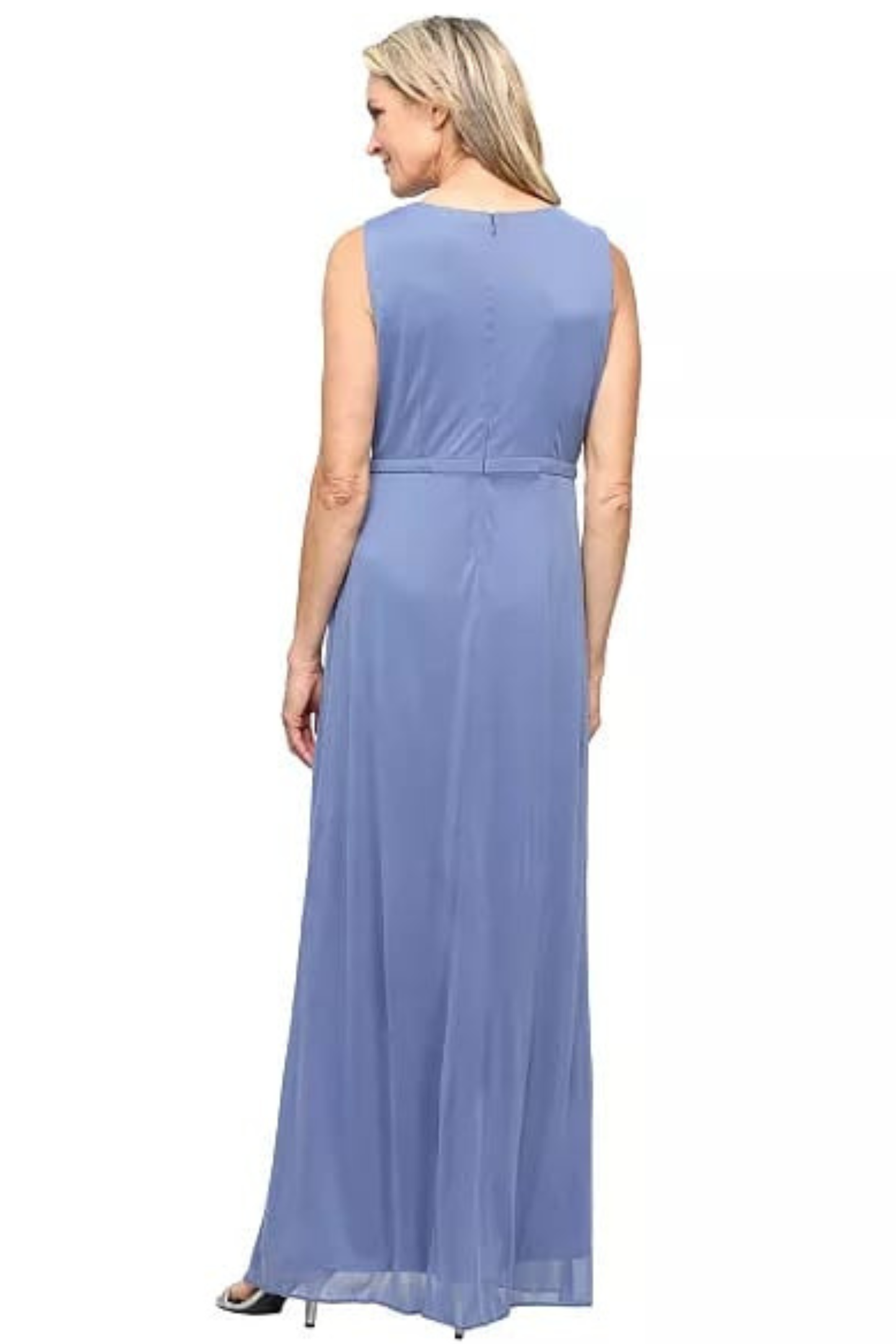 SLNY Dusty Blue Chiffon Cape Sleeve Beaded-Waist Evening Gown