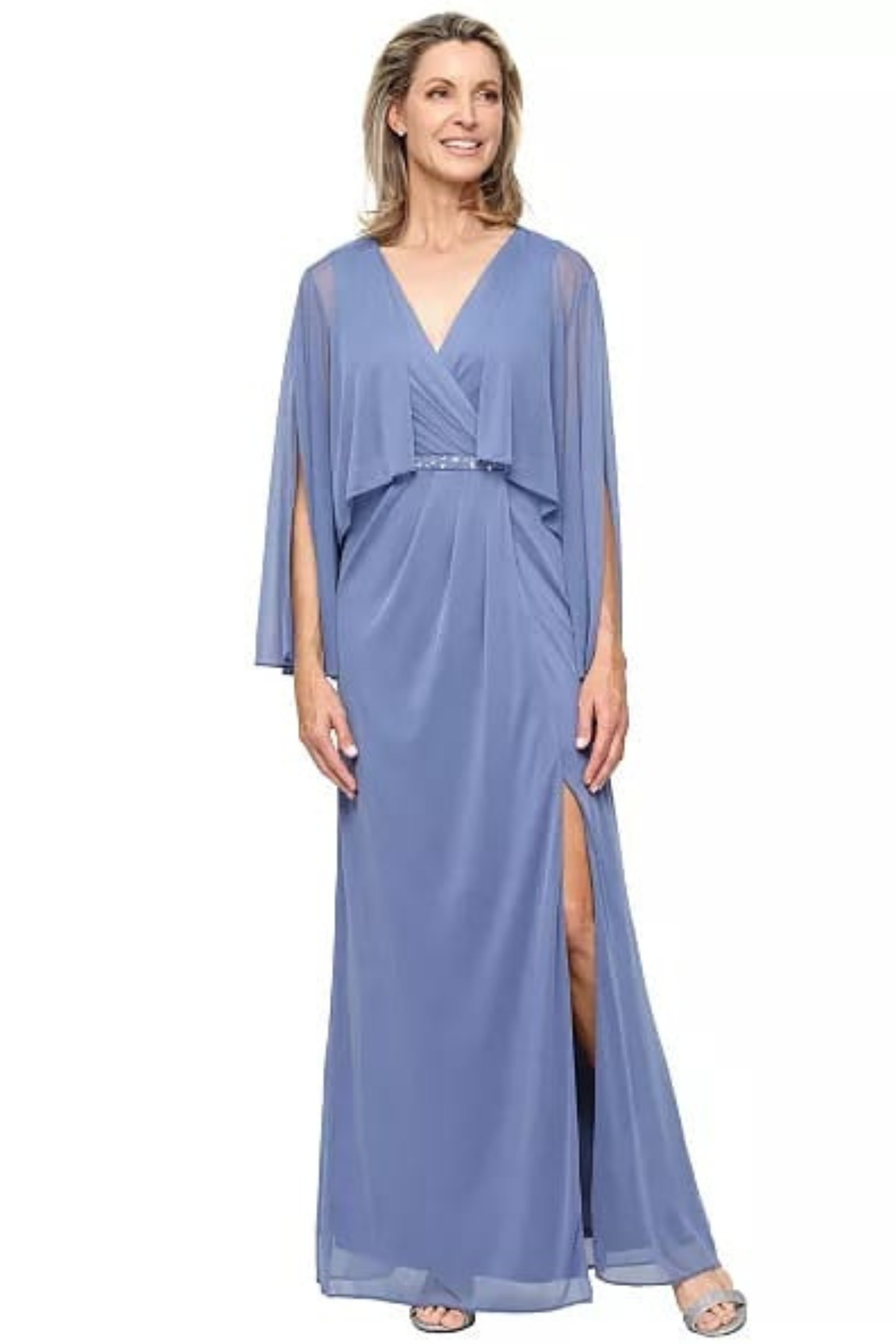 SLNY Dusty Blue Chiffon Cape Sleeve Beaded-Waist Evening Gown