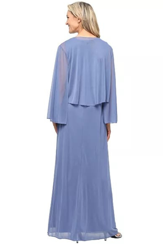 SLNY Dusty Blue Chiffon Cape Sleeve Beaded-Waist Evening Gown