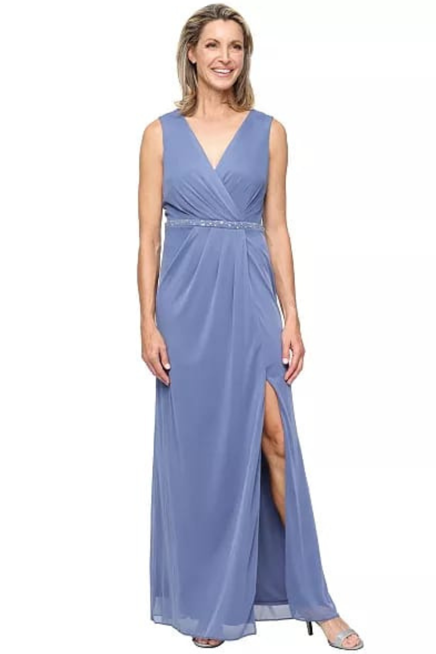 SLNY Dusty Blue Chiffon Cape Sleeve Beaded-Waist Evening Gown
