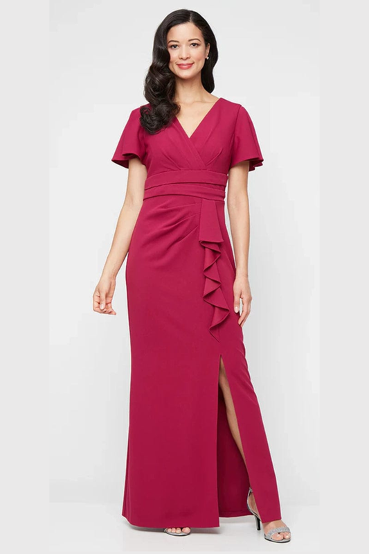 SLNY Cassis Flutter-Sleeve Ruffle Slit Evening Gown