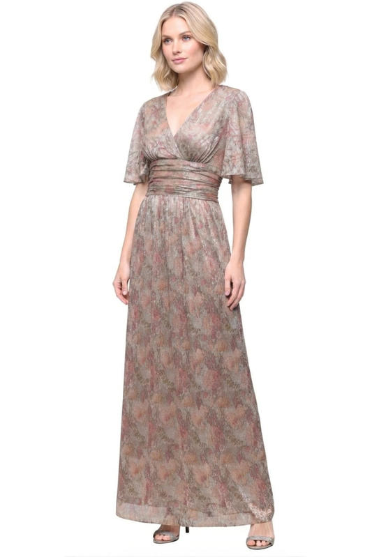 SLNY Gold Multi Metallic Floral Flutter-Sleeve Evening Gown
