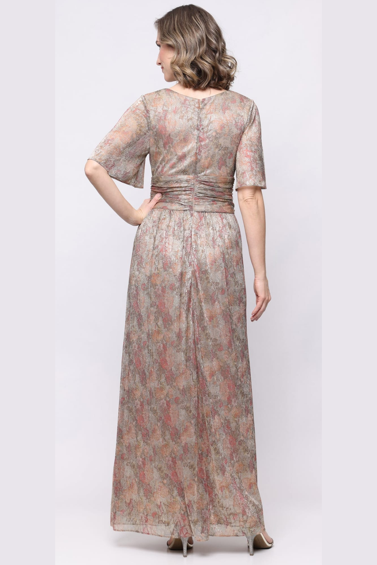 SLNY Gold Multi Metallic Floral Flutter-Sleeve Evening Gown