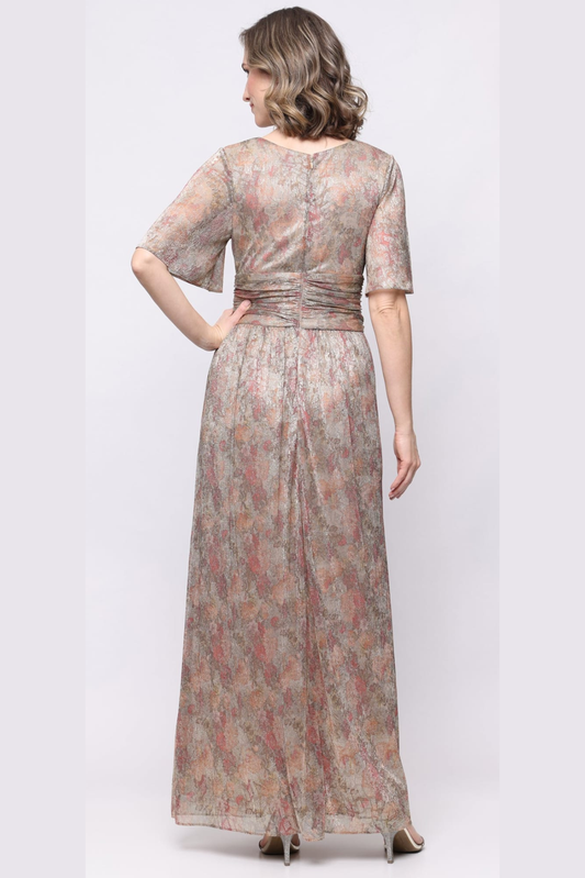 SLNY Gold Multi Metallic Floral Flutter-Sleeve Evening Gown