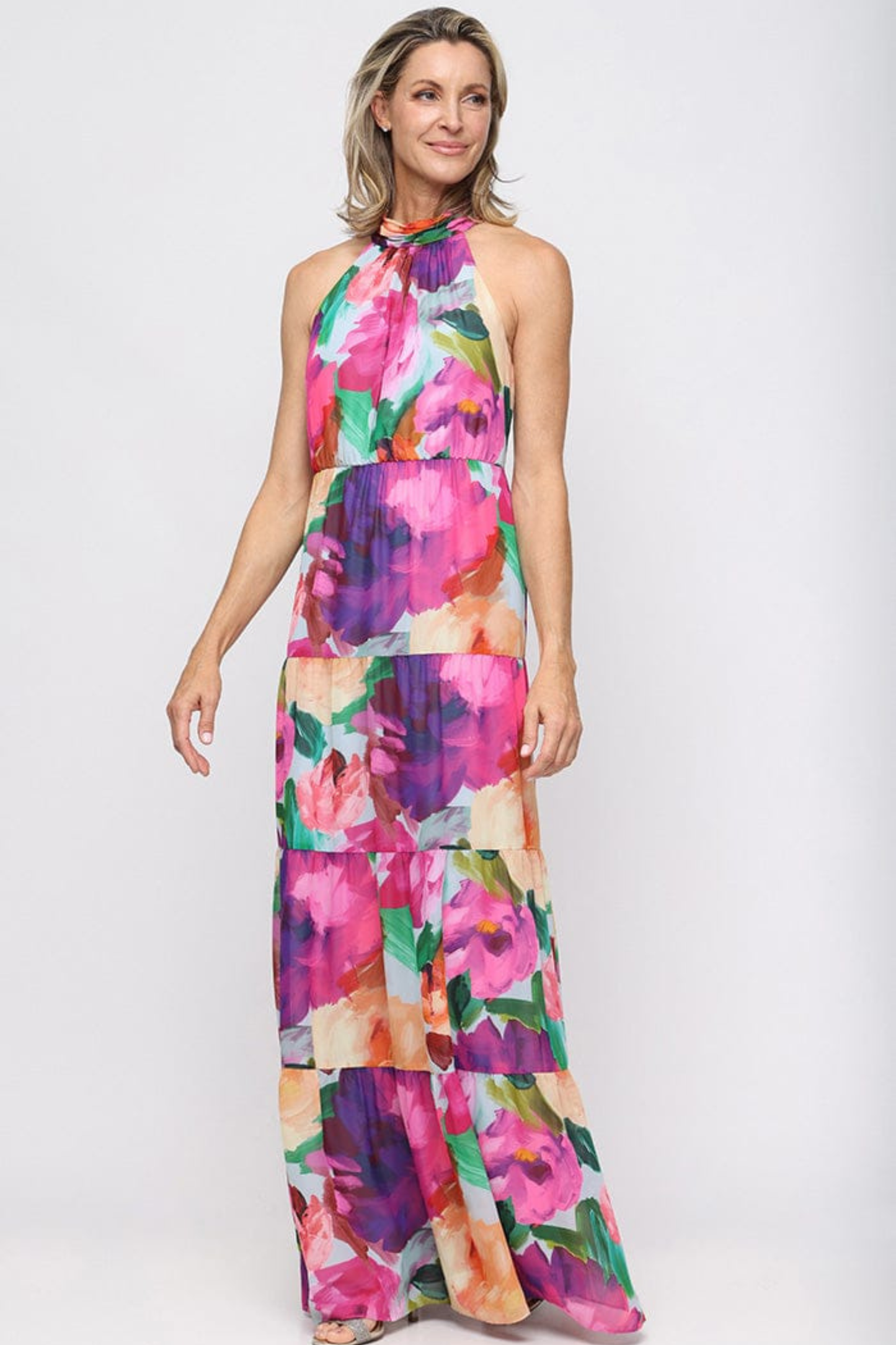 SLNY Magenta Multi Floral Tiered Halter Maxi Evening Gown
