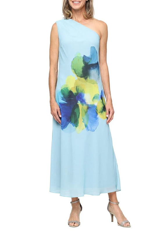 SLNY Light Blue Floral Watercolor One-Shoulder Evening Gown