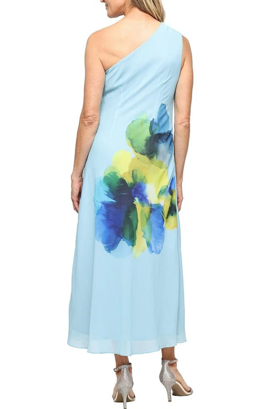 SLNY Light Blue Floral Watercolor One-Shoulder Evening Gown