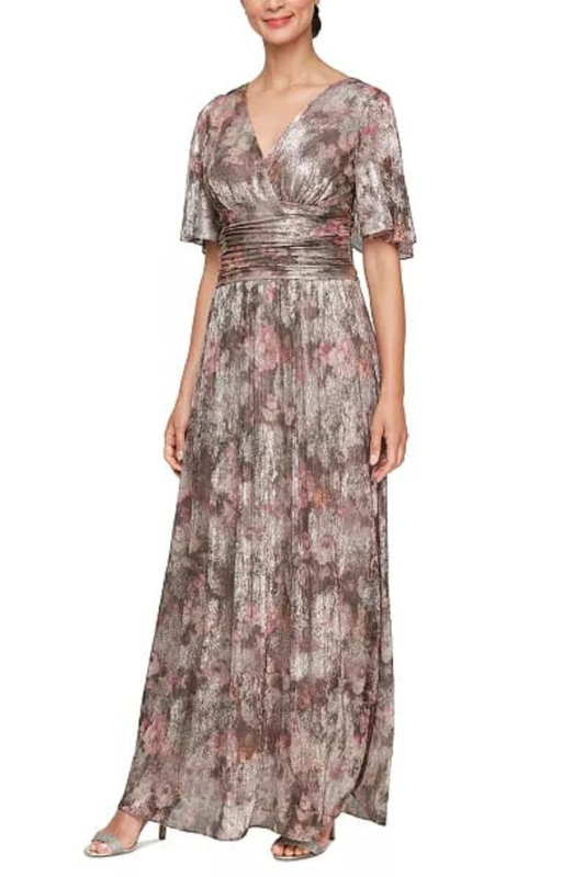 SLNY Taupe Multi Metallic Floral Flutter-Sleeve Evening Gown