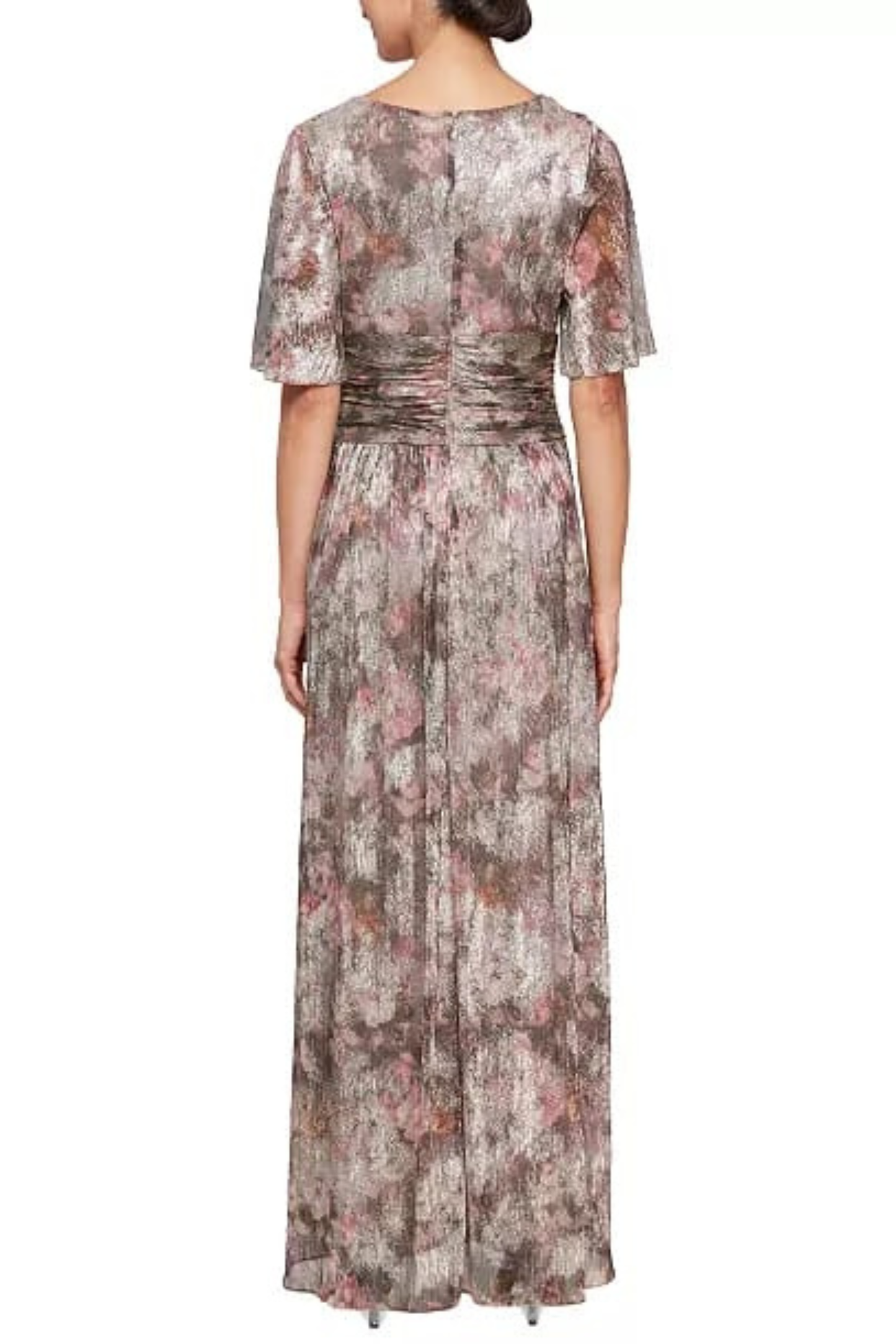 SLNY Taupe Multi Metallic Floral Flutter-Sleeve Evening Gown