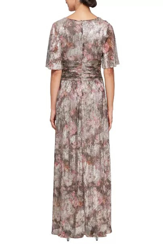 SLNY Taupe Multi Metallic Floral Flutter-Sleeve Evening Gown