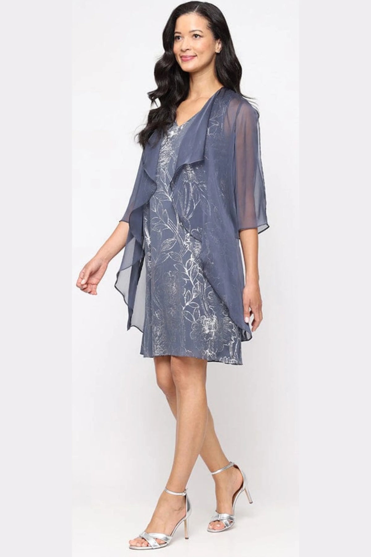 SLNY Steel Blue Foil Floral Print Shift Dress with Chiffon Jacket
