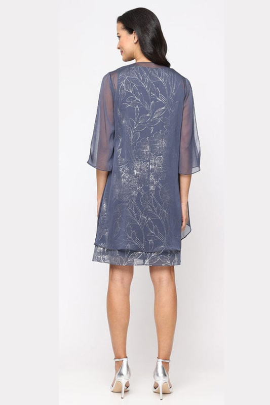 SLNY Steel Blue Foil Floral Print Shift Dress with Chiffon Jacket