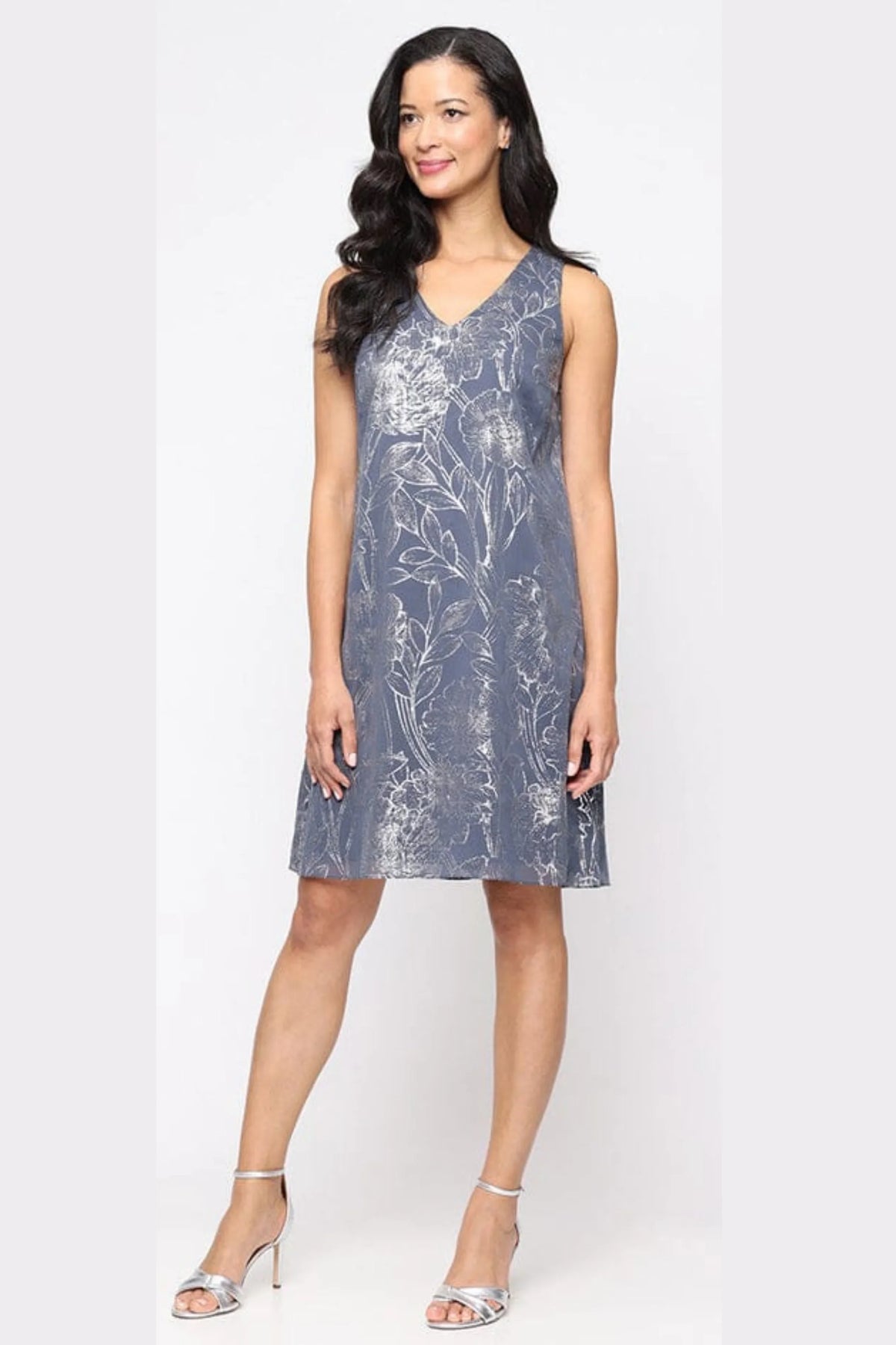 SLNY Steel Blue Foil Floral Print Shift Dress with Chiffon Jacket