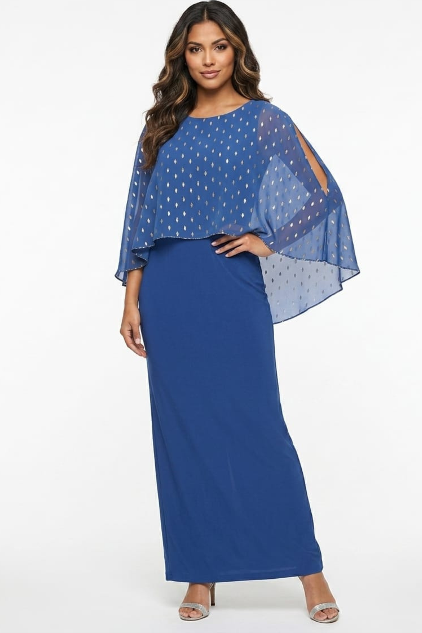 SLNY Dark Blue Metallic Metallic-Dot Metallic Capelet Evening Dress