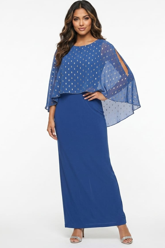 SLNY Dark Blue Metallic Metallic-Dot Metallic Capelet Evening Dress