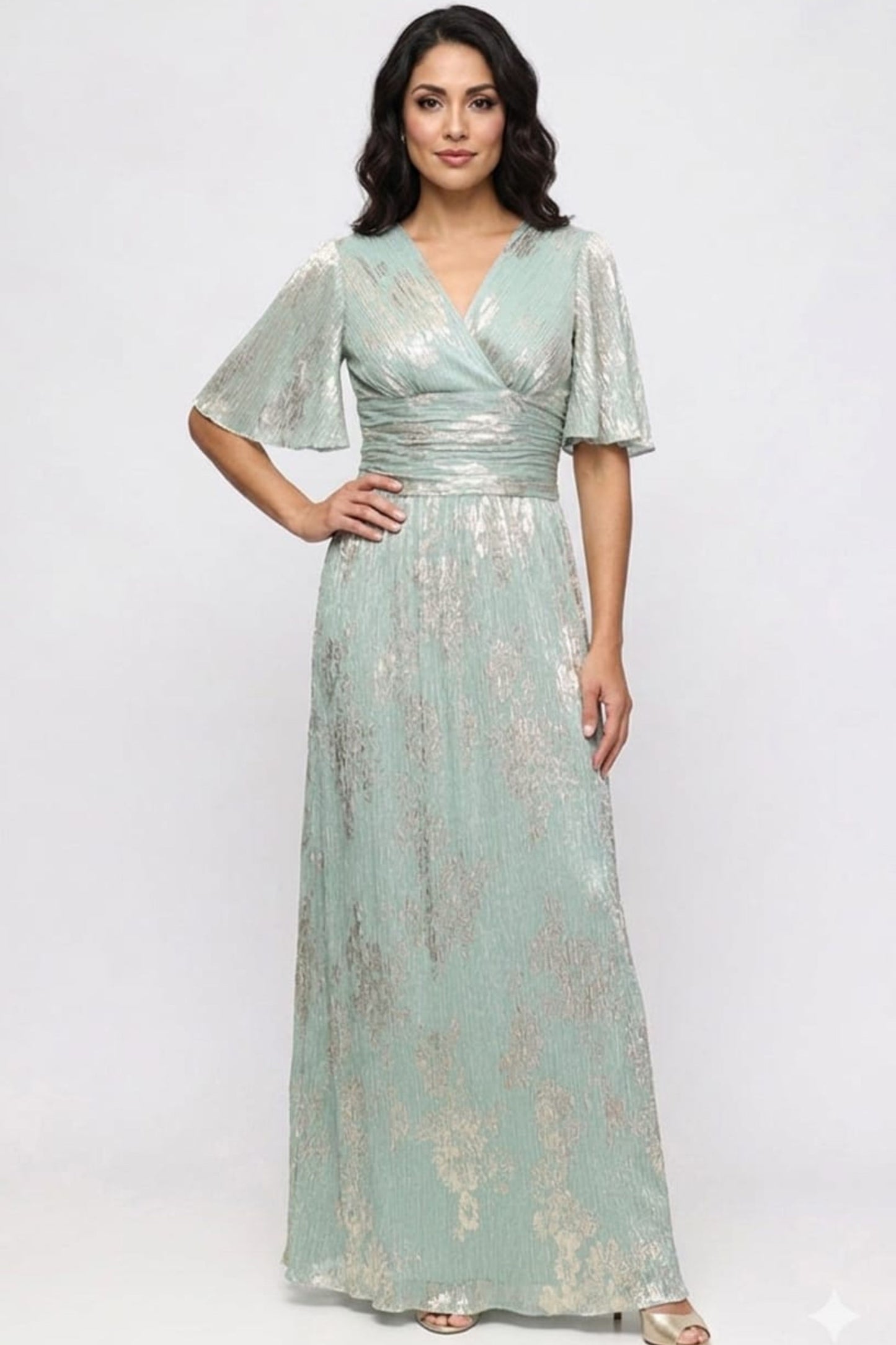 SLNY Sage & Gold Metallic Flutter-Sleeve Gown