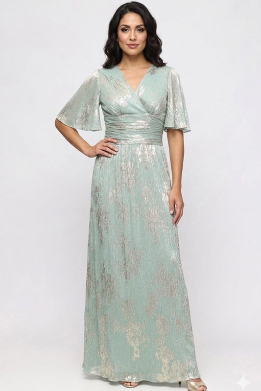 SLNY Sage & Gold Metallic Flutter-Sleeve Gown