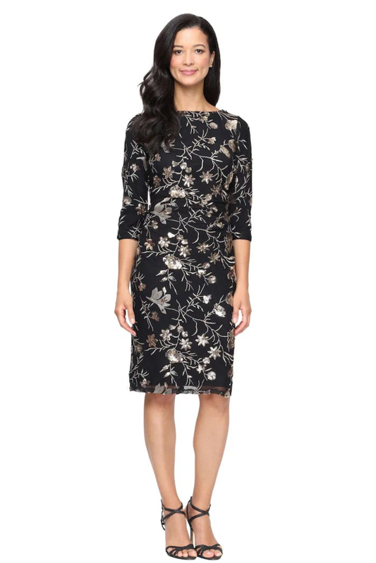SLNY Black Champagne Sequin Floral Embroidered 3/4-Sleeve Party Dress