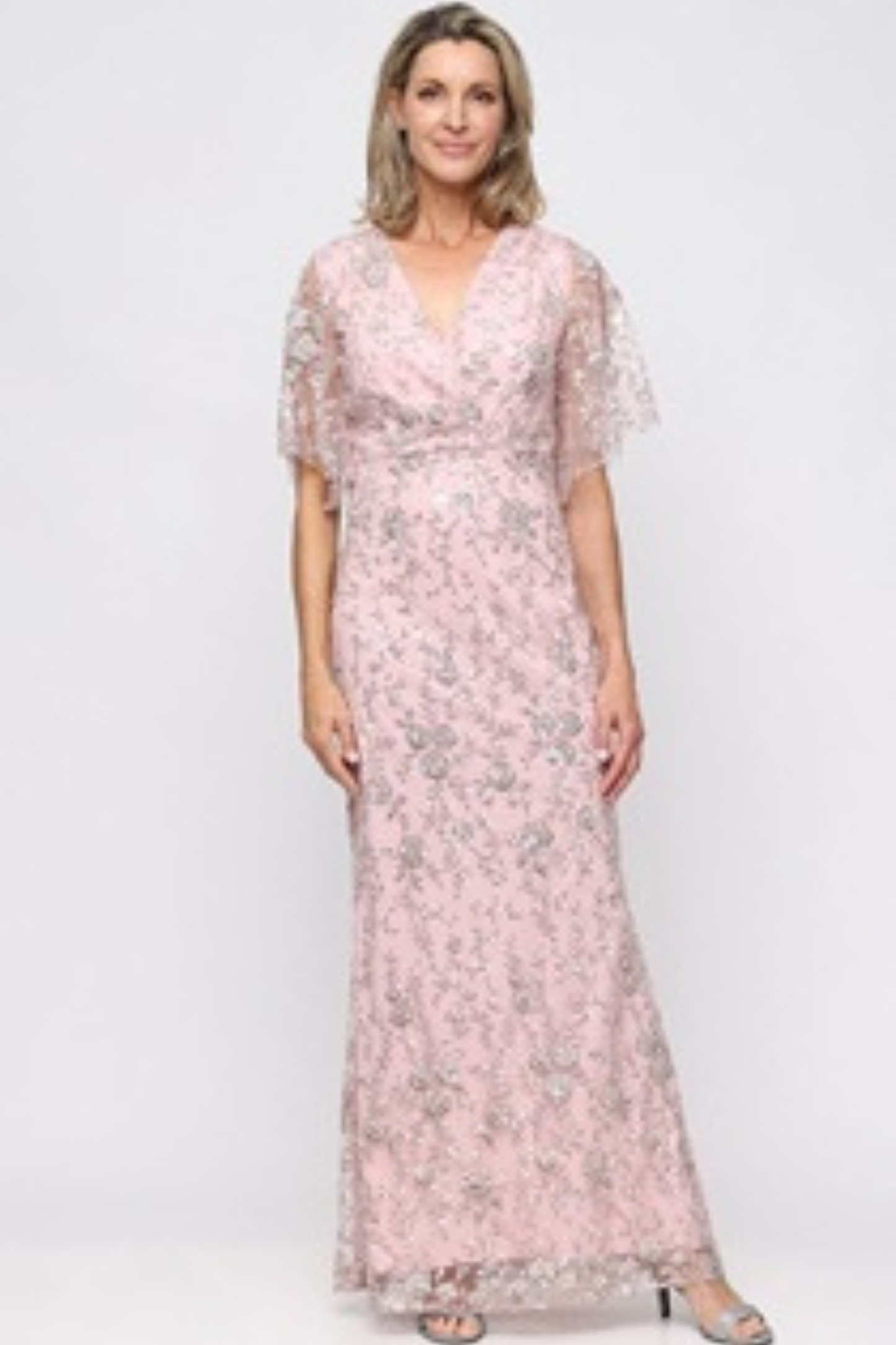 SLNY Blush Pink Floral Embroidered Flutter-Sleeve Evening Gown