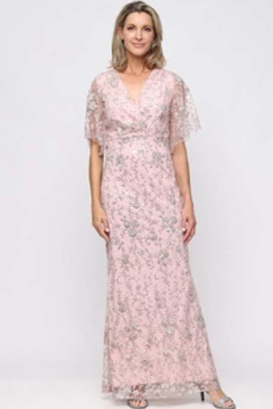 SLNY Blush Pink Floral Embroidered Flutter-Sleeve Evening Gown