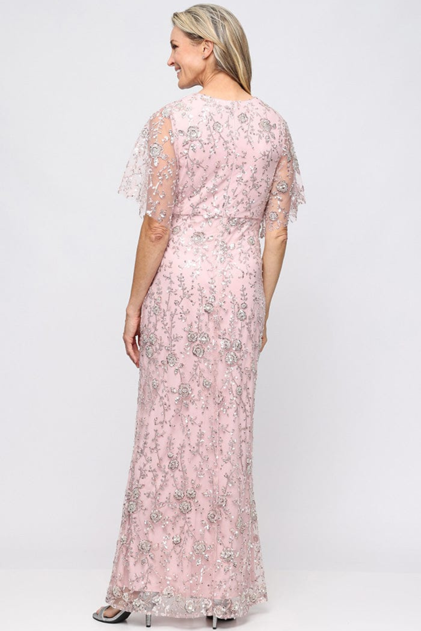 SLNY Blush Pink Floral Embroidered Flutter-Sleeve Evening Gown