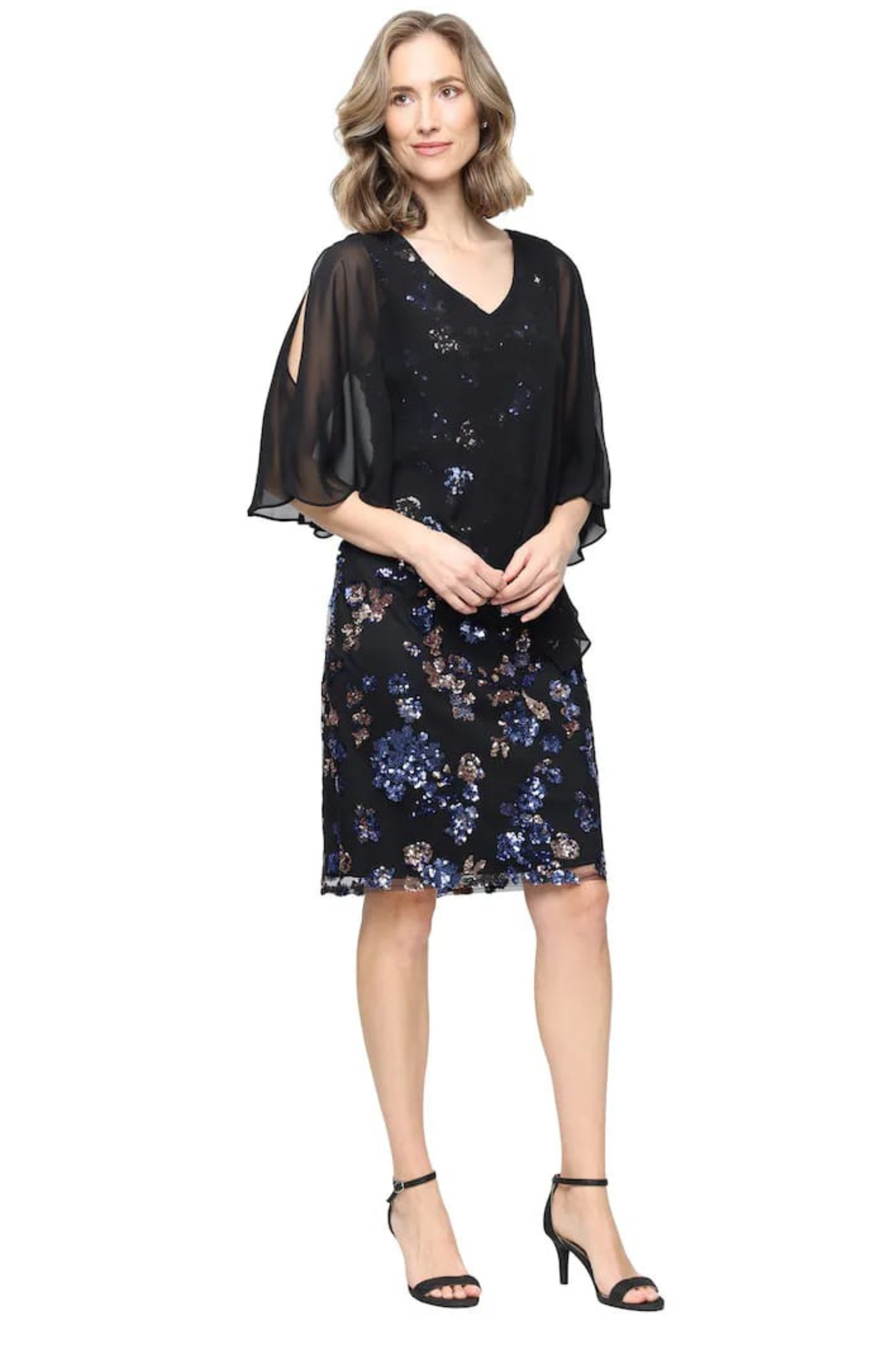 SLNY Black Blue Sequin Floral Cold-Shoulder Chiffon Shift Evening Dress