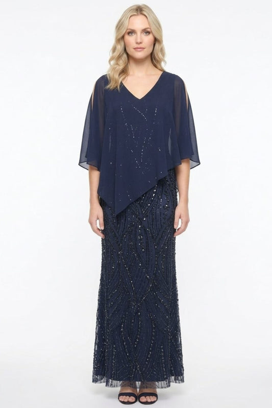 SLNY Navy Sequined Gown with Chiffon Capelet