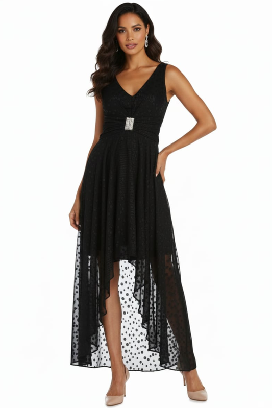 R&M Richards Black Rhinestone-Buckle Polka Dot High-Low Evening Gown
