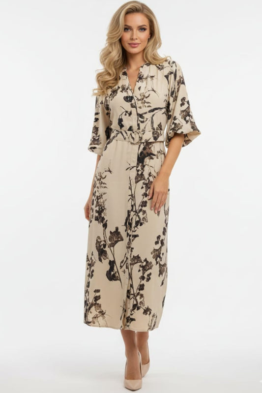 ABS Botanical Elegance Cream Black Floral Midi Shirt Dress