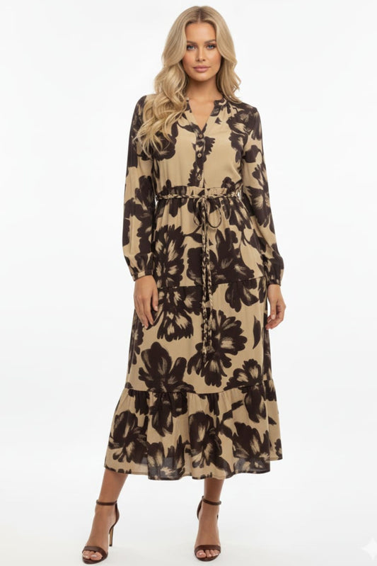 ABS Earthy Tiered Midi Cream Brown Floral Dress