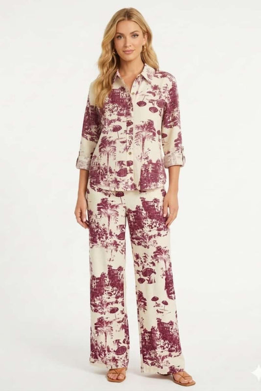 ABS Coastal Toile Linen-Blend Two-Piece Pant Set
