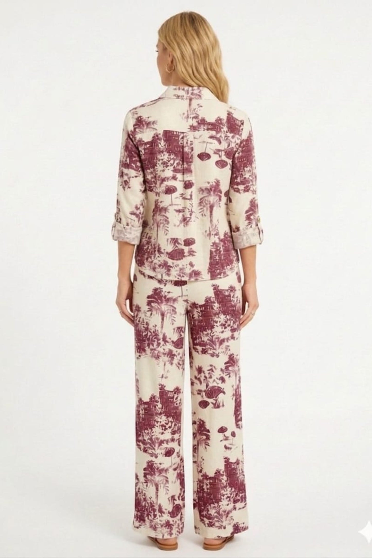 ABS Coastal Toile Linen-Blend Two-Piece Pant Set