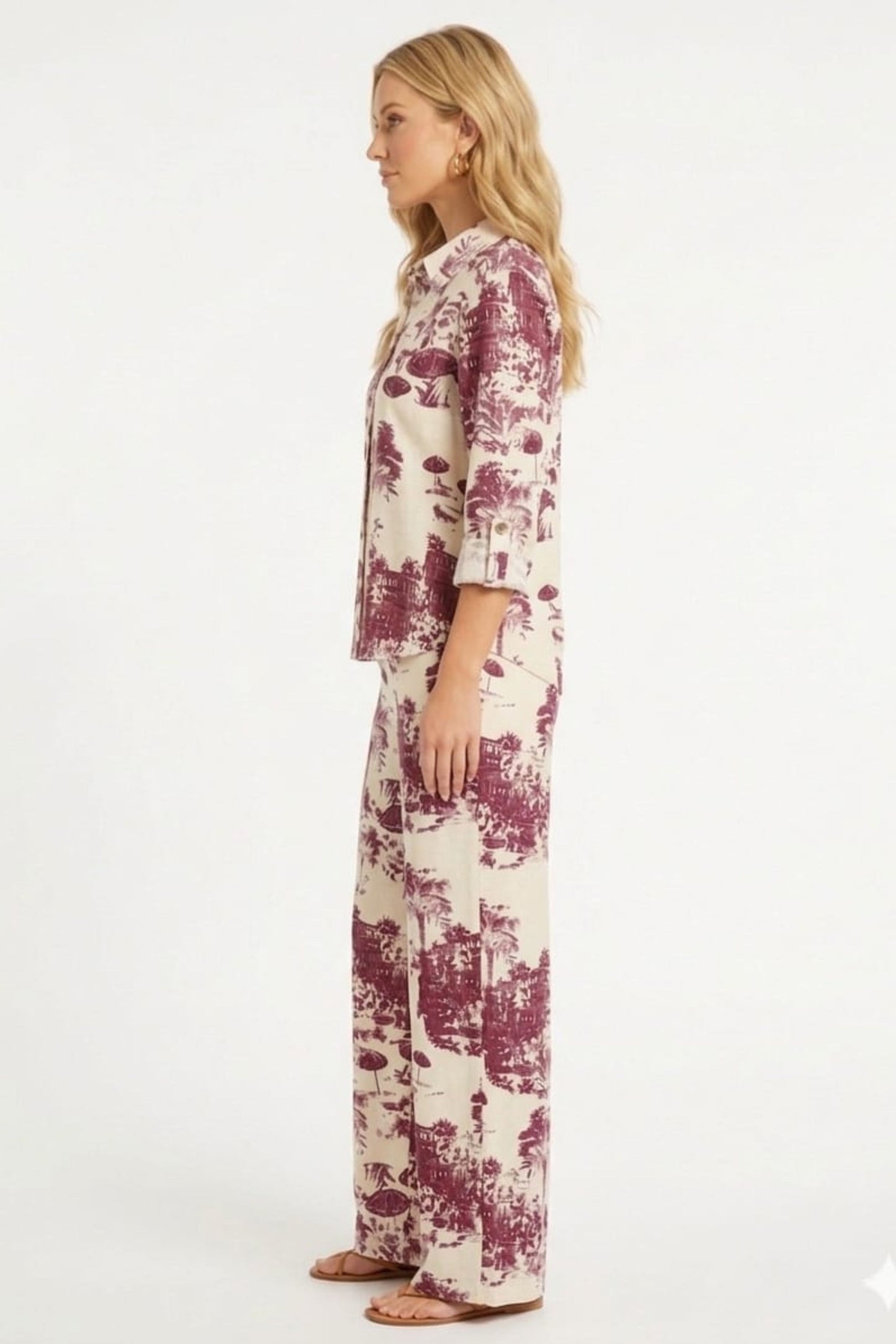ABS Coastal Toile Linen-Blend Two-Piece Pant Set