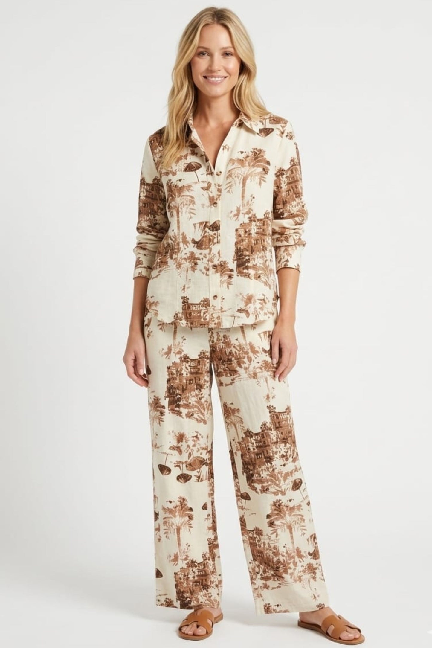 ABS Coastal Toile Linen-Blend Two-Piece Pant Set