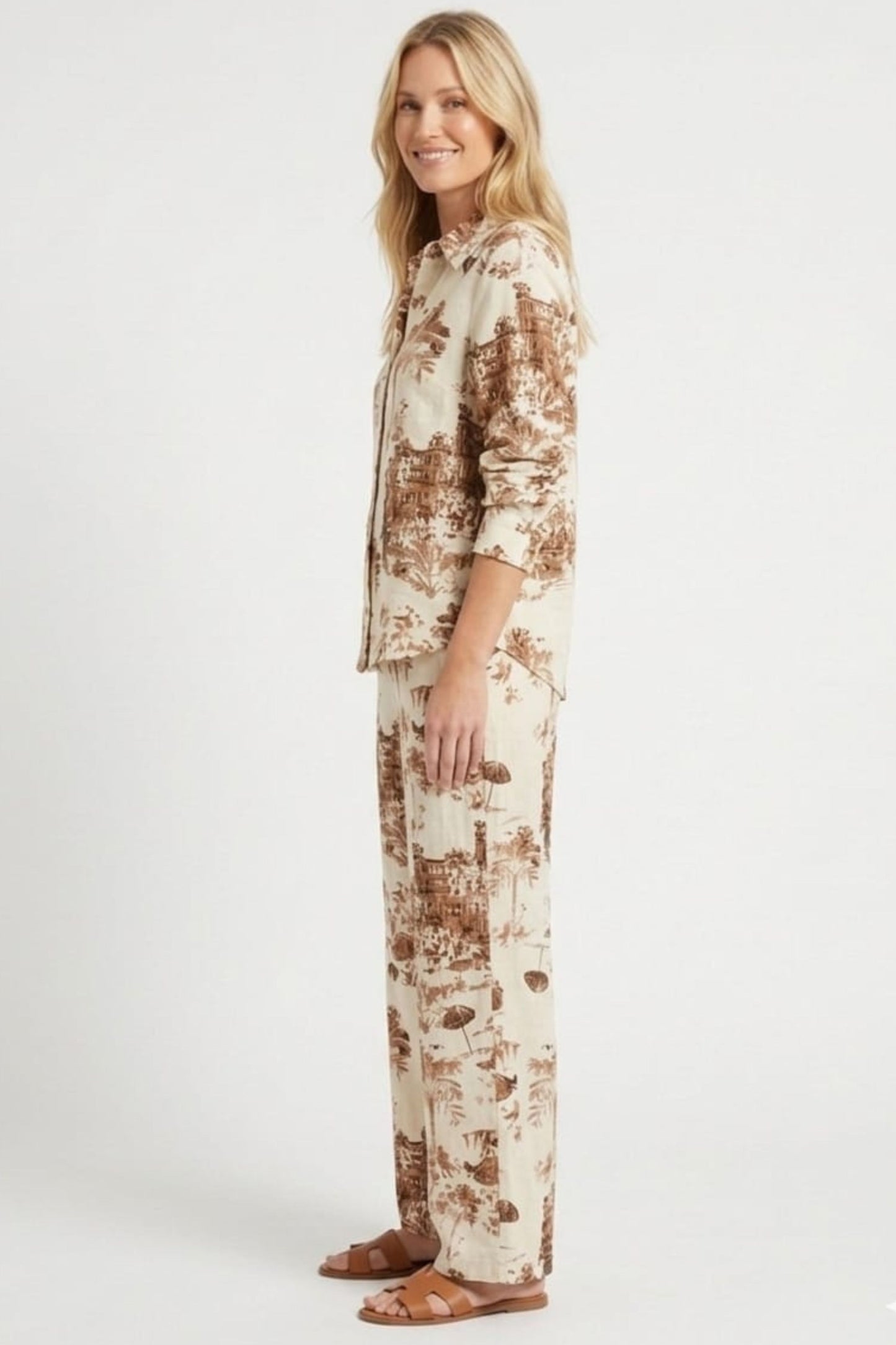 ABS Coastal Toile Linen-Blend Two-Piece Pant Set