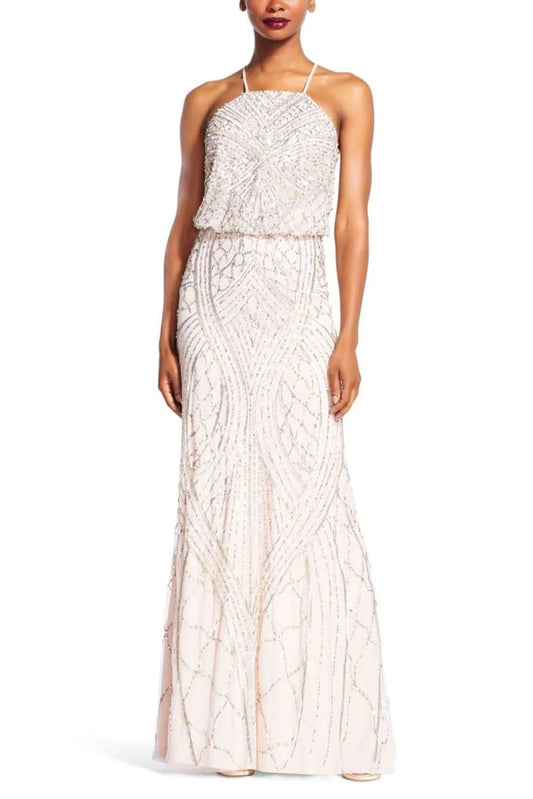 Adrianna Papell Halter Neck Blouson Beaded Evening Dress